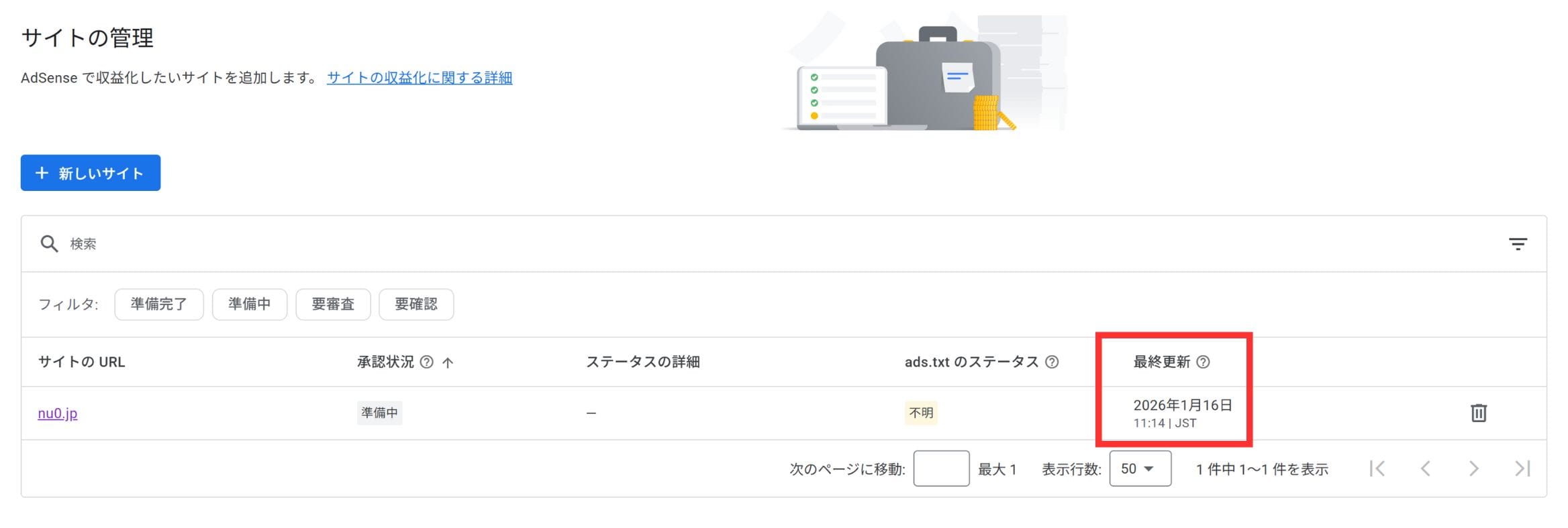 Googleアドセンス審査に初めて申し込んだ日のスクリーンショット